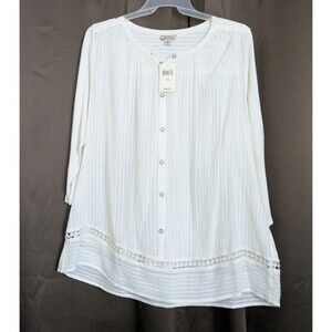 LUCKY BRAND 2X Relaxed Fit Ivory Cotton Blend Crochet 3/4 Slv Button Tunic NWT